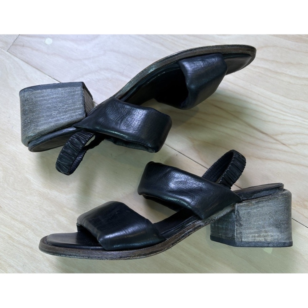 MOMA Black Soft Leather Slingback Chunky Wooden Heel Sandals Two Strap Size 36